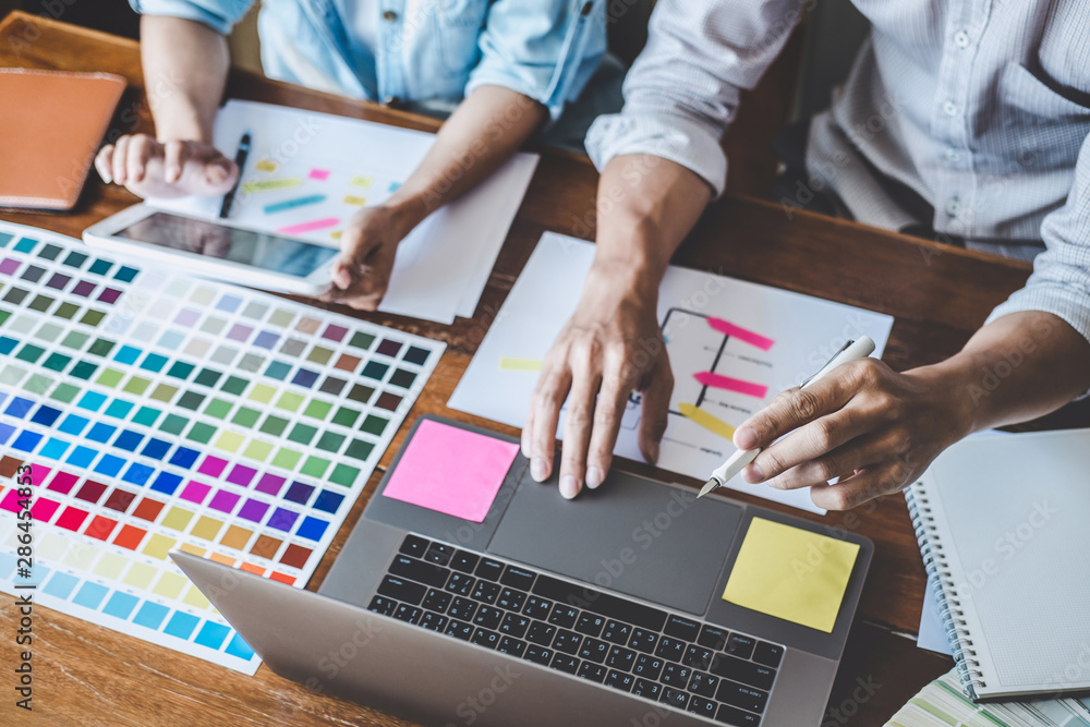 Sticker team of creative web/graphic designer planning, drawing website ux app for mobile phone application 