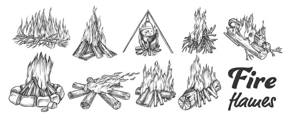 Collection Of Different Campfire Ink Set Vector. Forest Burning Firewood For Cooking Soup Meal. Warming Camping Tourist Campsite Light Element Hand Drawn In Vintage Style Monochrome Illustrations - obrazy, fototapety, plakaty