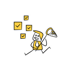 businessman using net spoon to catching check marks icon yellow stick figure