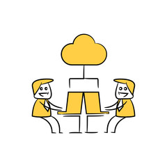 businessman working on laptop and cloud collaboration yellow stick figure