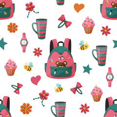 Seamless pattern with girl's backpack and cupcake.