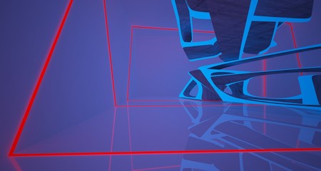 Abstract architectural concrete smooth interior of a minimalist house with color gradient neon lighting. 3D illustration and rendering.