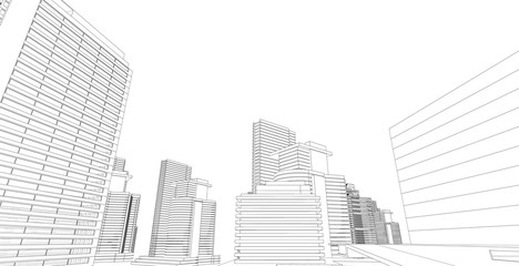 Naklejka premium Modern architecture wireframe. Concept of urban wireframe. Wireframe building 3D illustration of architecture