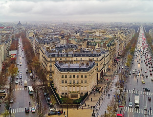 View to Paris skyline from arch de triomphe, France.