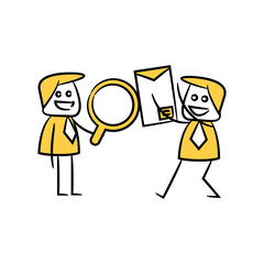businessman using magnifier glass checking letter yellow stick figure design