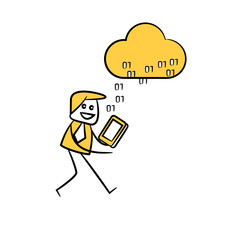 businessman download data from cloud yellow stick figure design