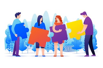 People connecting puzzle elements. Symbol of teamwork, cooperation, partnership, bussiness concept. Landing page illustration