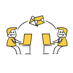 businessman working on computer and sending email yellow stick figure design