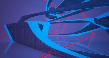 Abstract architectural concrete smooth interior of a minimalist house with color gradient neon lighting. 3D illustration and rendering.