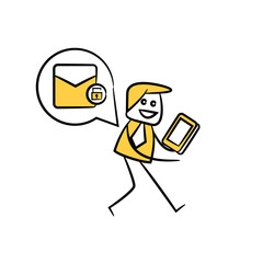 businessman using mobile phone sending email security yellow stick figure design