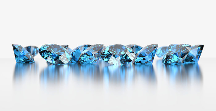 Blue diamonds Gem , topaz placed on white reflection background, 3d rendering.