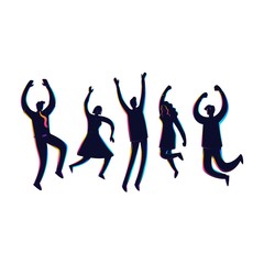 Group people silhouette jumping with raised hands isolated on white background.