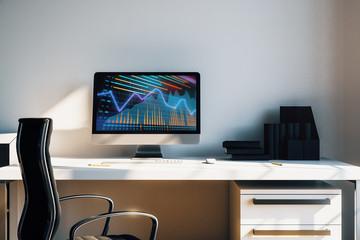 Cabinet desktop interior with financial charts and graphs on computer screen. Concept of stock market analysis and trading. 3d rendering.