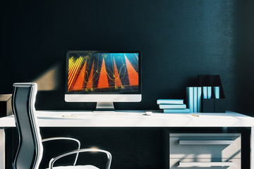 Cabinet desktop interior with financial charts and graphs on computer screen. Concept of stock market analysis and trading. 3d rendering.