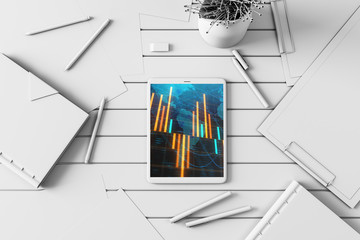 Digital tablet closeup top view with financial graph and partial world map on screen. Online international trading application concept. 3d rendering.