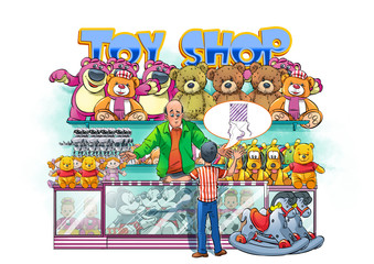 boy in front of toy shop