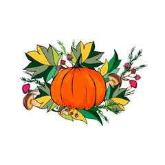 Greeting card with pumpkin, mushrooms, berries and leaves.