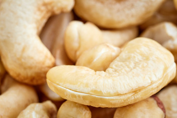 Extreme close up picture of cashews, shallow depth of field.