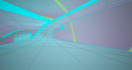 Abstract architectural drawing white interior with color gradient neon lighting. 3D illustration and rendering.