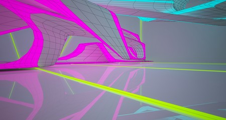 Abstract architectural drawing white interior with color gradient neon lighting. 3D illustration and rendering.