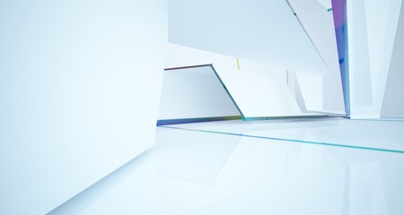 Abstract white and colored gradient glasses interior multilevel public space with window. 3D illustration and rendering.