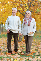 Happy senior woman and man in park