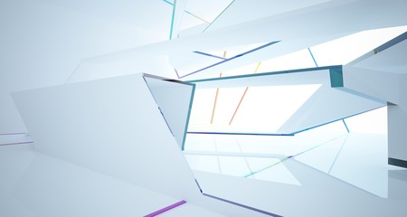 Abstract white and colored gradient glasses interior multilevel public space with window. 3D illustration and rendering.