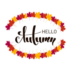 Hello autumn. hand drawn lettering on white background with leaves inside.