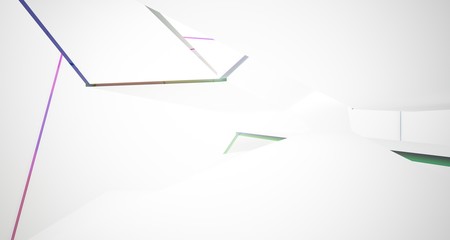 Abstract white and colored gradient glasses interior multilevel public space with window. 3D illustration and rendering.