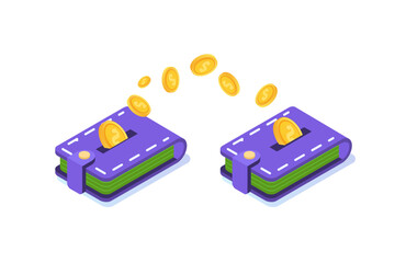 Money transfer from wallet to wallet.  Isometric vector illustration.