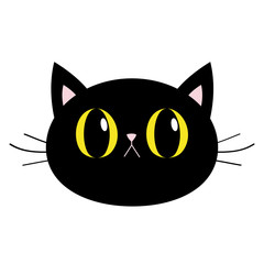 Black cat round head face icon. Big yellow eyes. Pink nose, ears. Cute funny cartoon character. Sad emotion. Kitty Whisker Baby pet collection. White background. Isolated. Flat design.