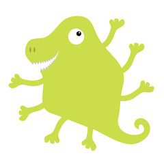 Monster green silhouette. One eye, dinosaur nose, many hands. Cute cartoon kawaii scary funny character. Baby collection. Happy Halloween. White background. Isolated. Flat design.