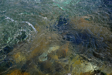 Water of a fast mountain river with rapids.