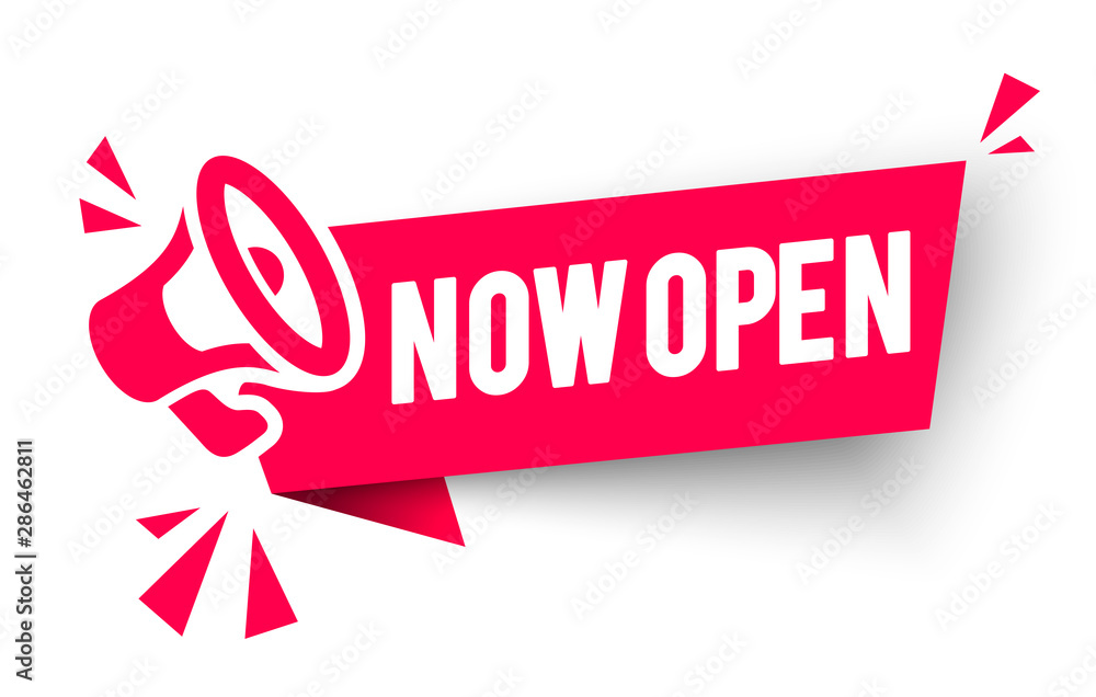 Fototapete vector illustration red banner now open with megaphone. web element.