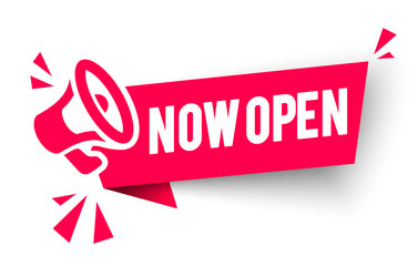 Vector Illustration Red Banner now open With Megaphone. Web Element.
