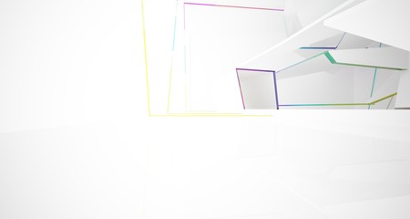 Abstract white and colored gradient glasses interior multilevel public space with window. 3D illustration and rendering.