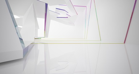 Abstract white and colored gradient glasses interior multilevel public space with window. 3D illustration and rendering.