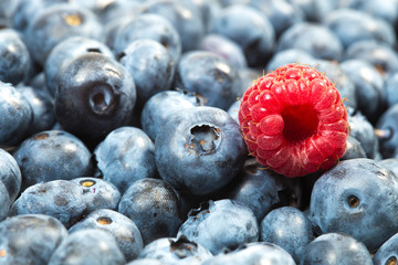 Close up fresh ripe raspberry and a bunch of blueberries