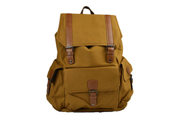 Canvas Backpack accessories isolated hipster background white. brown with navy canvas bag. Hand made backpack for travelers. front view