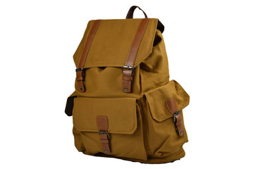 Canvas Backpack accessories isolated hipster background white. brown with yellow caramel canvas bag. Hand made backpack for travelers. Side view