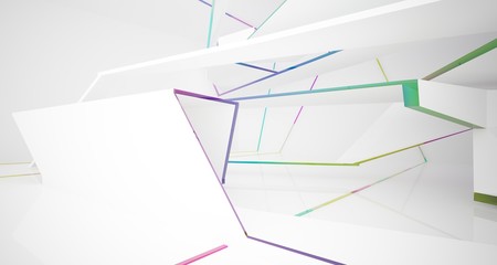 Abstract white and colored gradient glasses interior multilevel public space with window. 3D illustration and rendering.