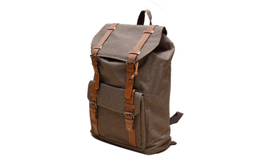 Canvas Backpack accessories isolated hipster background white. brown with brown leather bag. Hand made backpack for travelers.
