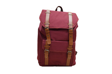 Canvas Backpack accessories isolated hipster background white. Red with brown bag. Hand made backpack for travelers.