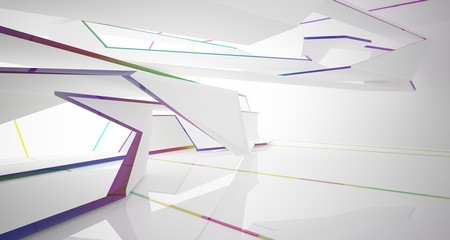 Abstract white and colored gradient glasses interior multilevel public space with window. 3D illustration and rendering.