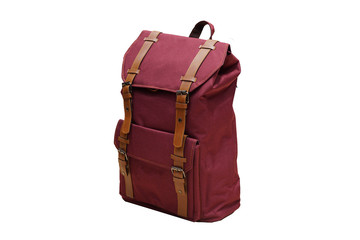 Canvas Backpack accessories isolated hipster background white. Red with brown bag. Hand made backpack for travelers.