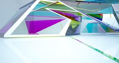 Abstract white and colored gradient glasses interior multilevel public space with window. 3D illustration and rendering.
