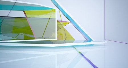 Abstract white and colored gradient glasses interior multilevel public space with window. 3D illustration and rendering.