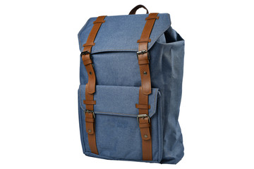 Canvas Backpack accessories isolated hipster background white. Blue with brown bag. Hand made backpack for travelers.