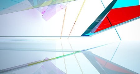 Fototapeta premium Abstract white and colored gradient glasses interior multilevel public space with window. 3D illustration and rendering.
