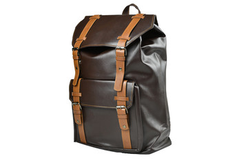 Leather Backpack accessories isolated hipster background white. Dark brown leather bag. Hand made backpack for travelers.